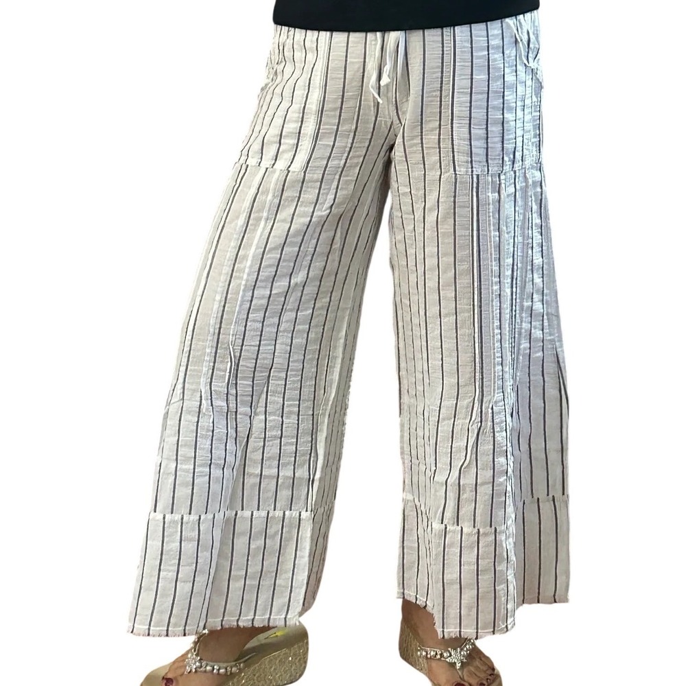 Wearables Womens White Navy Striped Wide Leg Gauze Pants Size M Boho Coastal